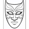 A detailed line drawing of a decorative mask featuring symmetrical designs, with elongated pointed features, curved embellishments, and large eye openings, set against a plain background.