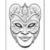 A detailed black and white illustration of a decorative masquerade mask, featuring intricate swirls and floral designs with a serene smile and elongated eyes.