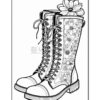 A pair of high lace-up boots adorned with intricate floral patterns along the sides, featuring a mix of different flower designs, set against a plain background.
