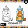 A cover for a coloring book titled 'Animals in Jar' featuring two cartoon animals in jars: a black and white outline of a fox-like creature on the left and a colored, cheerful orange animal on the right, both with playful expressions. The background has colored pencil illustrations and includes the text '100 PAGES' and 'VOL. I' at the top.