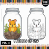 A coloring book cover featuring two jars. The left jar contains a colorful cartoon lion with a cheerful expression, surrounded by rocks and flowers. The right jar shows the same scene in black and white outline, ready for coloring. The title 'Animals in Jar' and the volume number '2' are prominently displayed at the top, with 'Coloring Pages' at the bottom.