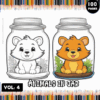 A cover design featuring two cartoon animals in jars: a white, fluffy animal on the left and a brown, smiling lion on the right, surrounded by plants. The title 'Animals in Jar' is prominently displayed at the top, along with the text 'Vol. 4' and 'Coloring Pages' at the bottom, against a colorful pencil background.