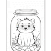 A cartoon-style illustration of a cute animal, resembling a raccoon, sitting inside a glass jar surrounded by rocks and grass.