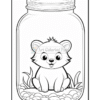 A cute cartoon animal, resembling a small bear or raccoon, sits inside a glass jar on a bed of pebbles, surrounded by grass. The illustration is outlined for coloring.