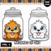 Cover of a coloring book titled 'Animals in Jar', featuring two cartoon animals inside jars: a smiling lion cub on the left with orange fur and a white bunny on the right, both with large expressive eyes. The background has a colorful border of colored pencil tips, and it indicates '100 PAGES' and 'VOL. 6'.