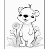 A cute cartoon bear standing upright in front of a flower, with a big smile and round ears, surrounded by various flowers and green leaves.