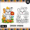 A colorful cover for a coloring book featuring a cartoon mouse surrounded by flowers, with one side fully colored and the other in black and white. The title 'Animals Flowers Coloring Pages Vol. 4' is prominently displayed, along with a note indicating '100 Pages'.