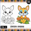 A colorful cover for a coloring book titled 'Animals Flowers' featuring two cartoon animals among flowers. The left side shows a cute rabbit with large ears, while the right side depicts a playful fox with distinctive ears. The top reads 'Animals Flowers' in bold letters, with 'Vol. 6' and '100 PAGES' highlighted, framed by colored pencil designs at the bottom.