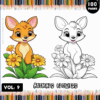 A colorful cover for a coloring book with the title 'Animals Flowers' at the top, featuring a playful orange deer-like character surrounded by yellow flowers on the left, and a cartoon like rabbit character outlined in black on the right amidst flower designs. The cover indicates 'Vol. 9', has a label '100 Pages', and colorful pencil illustrations at the bottom.