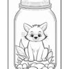 A cartoon-style illustration of a cute fox sitting inside a glass jar filled with pebbles and surrounded by leaves, depicted in black and white for coloring.