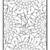 A black and white coloring page featuring intricate floral patterns, including large, stylized flowers with layered petals and small, circular centers, surrounded by leaves and additional floral motifs, all enclosed within a rectangular border.