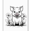 A cartoonish pig sitting among flowers, with a cheerful expression and large ears, surrounded by stylized leaves and blooms, all illustrated in black and white.