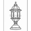 A black and white line drawing of an ornate traditional lantern with a dome-shaped top and decorative panels on the sides, sitting on a rounded base.