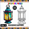 A promotional image for a coloring book featuring Ramadan lanterns, showcasing a colorful lantern on the left and a black-and-white outline version on the right. The title reads 'Ramadan Lantern Coloring Pages' with additional text indicating '100 Pages' and 'VOL. 2'. The background features colored pencil designs.
