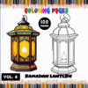A coloring book cover featuring a decorative Ramadan lantern. The left side shows a colored illustration of the lantern with vibrant patterns, while the right side presents a black-and-white outline version for coloring. The title reads 'Ramadan Lantern Coloring Pages' and indicates 'Volume 4' with a note of '100 Pages' at the top.