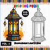 A cover for a coloring book featuring a Ramadan lantern design. One side shows a brightly colored, ornate lantern, while the other side displays a black and white outline for coloring. The title includes 'Ramadan Lantern' and 'Coloring Pages' with a note of '100 Pages' and 'Vol. 6'.