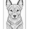A black and white coloring page illustration of a stylized dog with intricate patterns and floral designs adorning its face and fur.