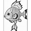 A black and white illustration of a fish, featuring intricate patterns on its body, fins, and tail, with large expressive eyes and details like swirls and scales, against a plain background.