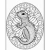 A detailed black and white outline illustration of a lizard curled up among large, stylized flower petals, set within an oval frame.