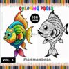 A colorful fish mandala coloring page featuring two fish illustrations; one is vibrantly colored with scales in blue, green, yellow, and red, while the other is outlined in black and features intricate patterns. The title 'Fish Mandala Coloring Pages' appears at the top, with '100 Pages' prominently displayed in a circular design.