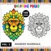 A colorful cover for a monkey mandala coloring book featuring two mandala designs of monkeys' faces; the left monkey is adorned with vibrant colors resembling leaves, while the right monkey is outlined in black and white. The title reads 'Monkey Mandala Coloring Pages' and notes '100 Pages' and 'Vol. 2.'