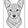 A detailed black and white illustration of a dog's face adorned with intricate floral and mandala patterns, featuring large ears, expressive eyes, and a distinctive nose, set against a plain background.