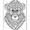 A detailed black and white illustration of a monkey's face, featuring intricate line patterns and floral designs around the head.