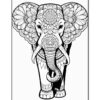 A detailed black and white illustration of an elephant adorned with intricate floral patterns and designs on its head and body.