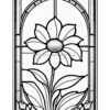 A stained glass design featuring a large flower with prominent petals and a textured center, surrounded by leaves and a decorative border.