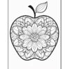 A black and white coloring page featuring a stylized apple shape filled with intricate floral patterns and designs, accompanied by a leaf at the top.