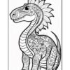 A stylized dinosaur illustration featuring intricate floral patterns throughout its body, with a long neck and a spiky crest along the head, set against a plain background. The outline emphasizes various shapes and details like scales and flowers.