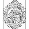 A detailed black and white line art illustration of a dragon's head surrounded by a floral mandala design, showcasing intricate patterns and shapes.