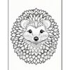 A stylized black and white illustration of a hedgehog, featuring a face with small ears, bright eyes, and surrounded by intricate, petal-like patterns that resemble flowers or foliage.