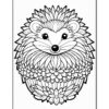 A black and white line drawing of a hedgehog with floral patterns, featuring a round face, prominent eyes, and a body made up of stylized flowers and leaves, set against a plain background.