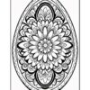 A black and white intricate mandala design shaped like an egg, featuring a symmetrical floral pattern with various petal shapes arranged around a central flower.