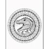 A detailed black and white line drawing of a stylized dinosaur with intricate designs, surrounded by a circular decorative pattern featuring floral motifs.