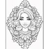A black and white line drawing of a woman with long hair, surrounded by intricate floral patterns and designs, intended for coloring.