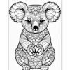A detailed black and white line drawing of a koala, sitting with its hands on a floral design, showcasing intricate patterns and shapes in its fur and body. The image is surrounded by a simple border.