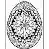 A black and white mandala design shaped like an egg, featuring intricate floral patterns and symmetrical shapes throughout.