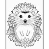 A black and white illustration of a smiling hedgehog surrounded by decorative flowers and leaves, designed for coloring.