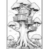 A whimsical treehouse perched high in a thick tree, featuring multiple levels and a balcony, surrounded by fluffy clouds and smaller trees with rounded foliage. The illustration is in black and white, designed for coloring.