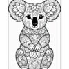 A decorative black-and-white illustration of a koala with intricate floral patterns covering its body, seated with its hands in a relaxed position, and featuring large, fluffy ears and expressive eyes.