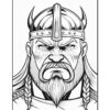 A detailed line drawing of a fierce-looking warrior with a braided beard and long hair, wearing a horned helmet and a stern expression. The background is blank, emphasizing the character's features and attire.