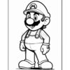 A black and white illustration of a cartoon character resembling a plump man with a mustache, wearing a cap marked with an 'M', overalls, and gloves, standing confidently with a slight smile.