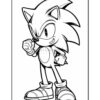 Line art illustration of a cartoon blue anthropomorphic hedgehog with spiky hair, standing confidently with a fist raised, wearing red shoes and a determined expression.