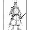 A detailed line drawing of a samurai warrior wearing traditional armor and a kabuto helmet, standing with a katana sword in hand, showcasing a strong, confident pose.