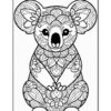 A black and white outline drawing of a koala surrounded by intricate floral patterns, positioned upright with its paws tucked in front.