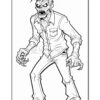 A cartoon-style zombie with an enraged expression, wearing a button-up shirt and ripped trousers, revealing skeletal hands and exaggerated features, standing in a menacing pose.