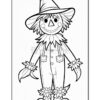 A black and white coloring page illustration of a cheerful scarecrow wearing a wide-brimmed hat, with a smiling face, buttons on its shirt, and straw accents on its sleeves and ankles. The scarecrow holds two ears of corn.