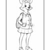 A cartoon fox character standing upright, wearing a vest and a skirt, with a backpack slung over one shoulder. The fox has large ears, a friendly expression, and is depicted in a line art style, suitable for coloring.
